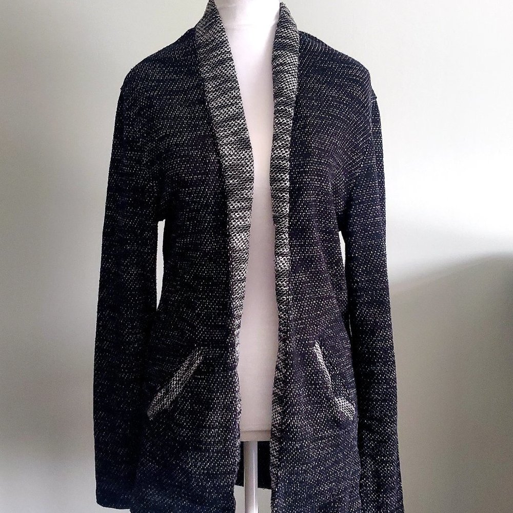Heathered Black Open Cardigan Long Casual w/ Shawl Collar Pockets